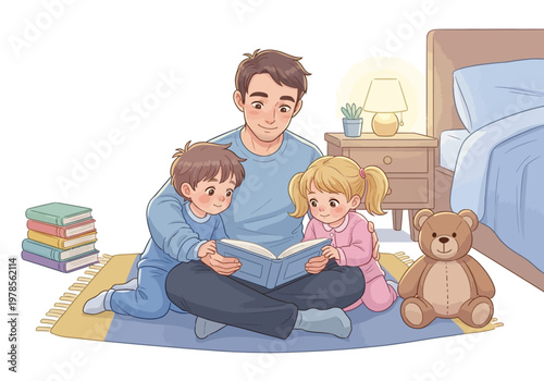Father reading to two children.