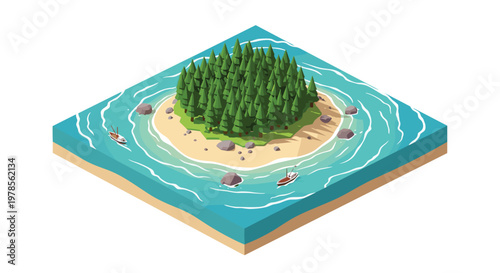 Vibrant isometric tropical island featuring a dense pine forest surrounded by pristine turquoise water and two small fishing boats on the sandy shore.