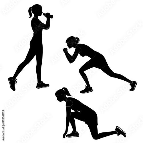 A set of three black silhouette illustrations of a woman engaging in various fitness exercises