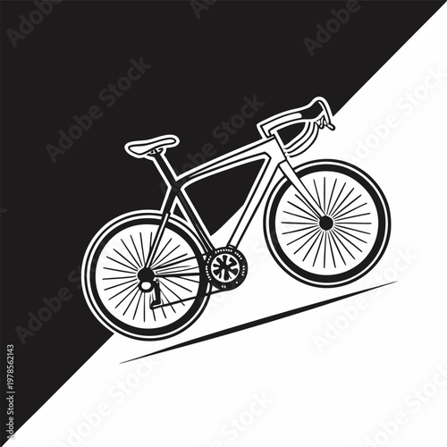 Road bicycle graphic minimalist clean line art on black and white background for sports branding.