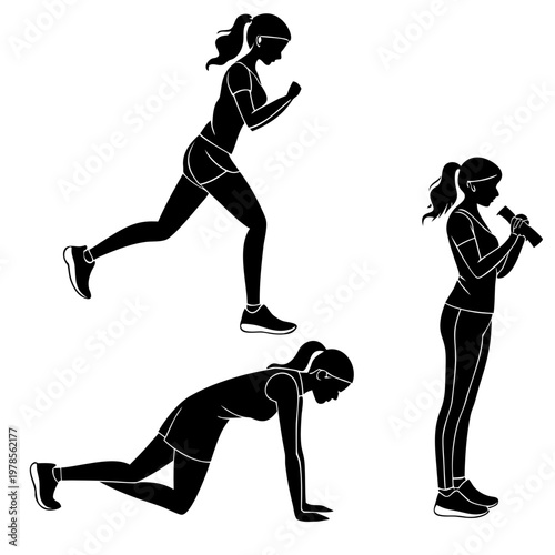 A set of black silhouette illustrations of a woman engaging in various fitness activities