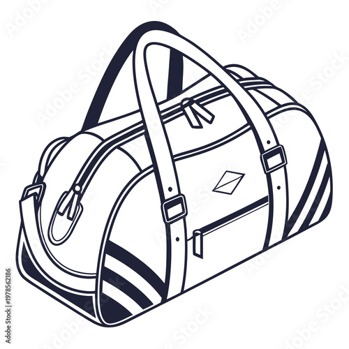 A minimalist illustration of a duffel bag with a sleek design and bold black lines
