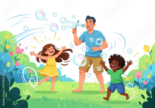 Happy family playing with bubbles outdoors.
