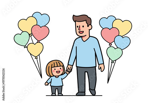 Father and child holding hands smiling.
