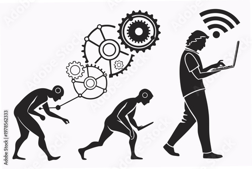 A vector graphic illustrating the evolution of technology and human progress from manual labor to modern computing