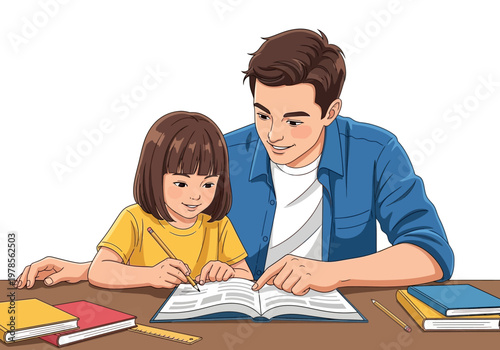 Man and child reading book together.