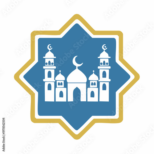 Stylized mosque illustration within geometric star design