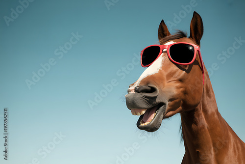 Surprised horse wearing sunglasses with a brown horse with a wide-open mouth