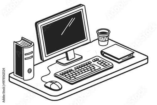A minimalist line art illustration of a computer workspace with office supplies