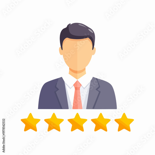 Businessman rating customer satisfaction with five golden stars.