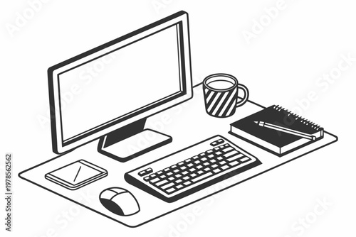 A minimalist line art illustration of a computer workspace with office supplies