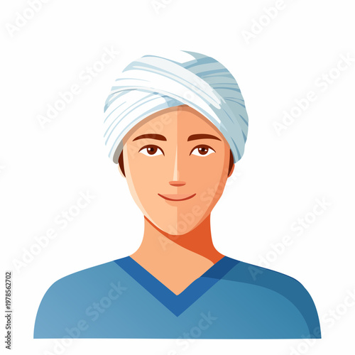 Illustration of a person wearing a white turban and blue clothing, smiling.