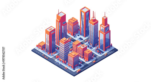 Vibrant orange and warm-toned isometric city block features a central intersection with small vehicles and modern glass buildings for a lively urban scene.