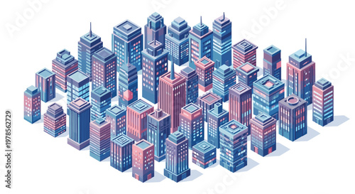 Dense isometric city grid features towering skyscrapers arranged in a compact urban layout with muted blue and purple tones for a modern architectural look.