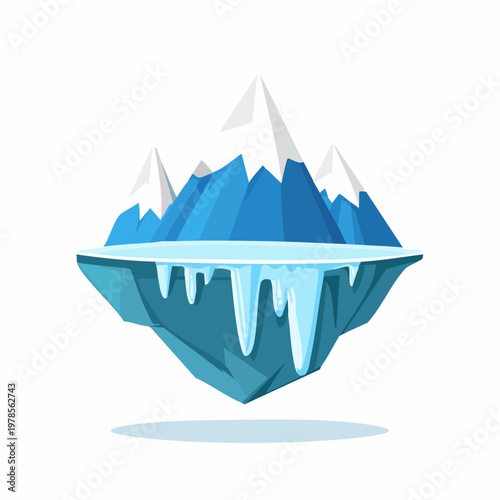 Cartoon iceberg island with snow-capped mountains and melting ice dripping