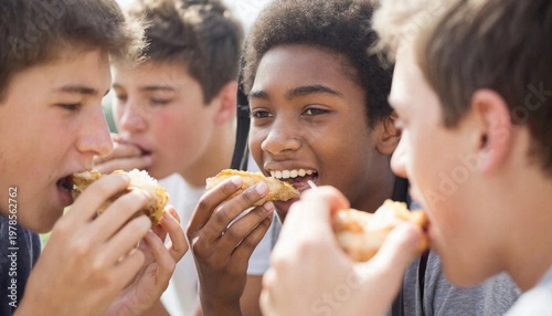 A group of teenagers eating street food outdoors