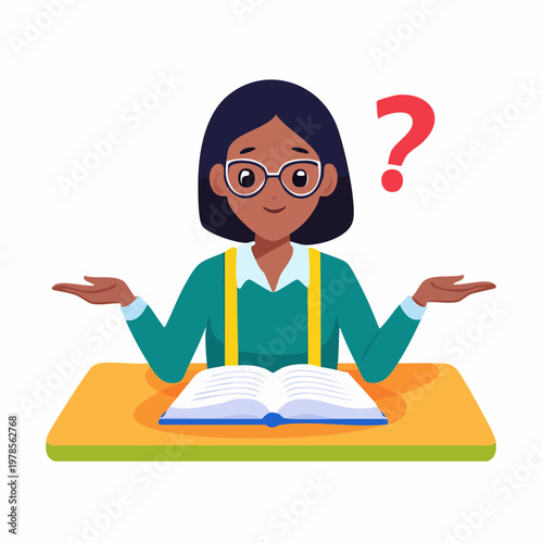 Confused woman with open book at desk and question mark illustration