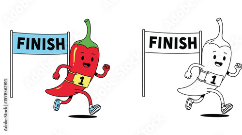 Cartoon Red Chili Pepper Character Running to Finish Line with Number One Bib, Colored and Line Art Version Vector Illustration