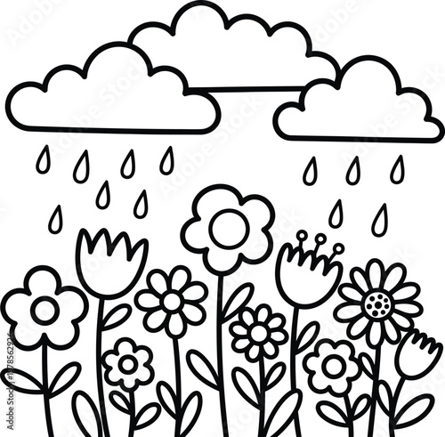 Rainy day flowers coloring page fun coloring book illustration for kids adults