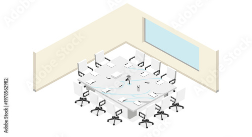 Bright conference room displays a large table with a blue marble pattern and matching white chairs set against a clean beige floor in a spacious area.