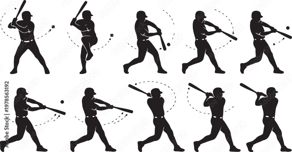 Fototapeta premium Sequence of silhouettes of a baseball player swinging a bat