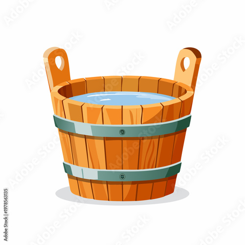 Wooden bucket filled with water, cartoon illustration, isolated on white background