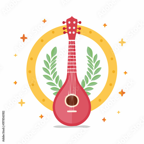 Red musical instrument with laurel leaves and stars design