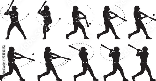 Sequence of silhouettes of a baseball player swinging a bat