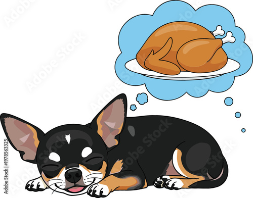 Cute sleeping dog dreaming about roasted chicken cartoon vector illustration funny pet character with thought bubble food concept design