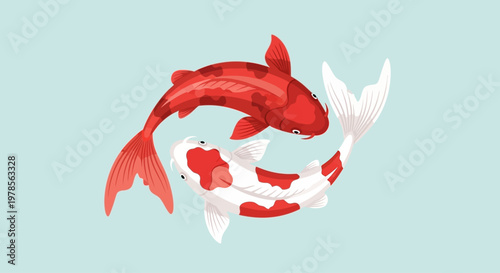 Vector illustration of two koi fish forming a circular composition. Inspired by Japanese symbolism, representing balance, harmony, luck, and prosperity. Flat design with soft gradients