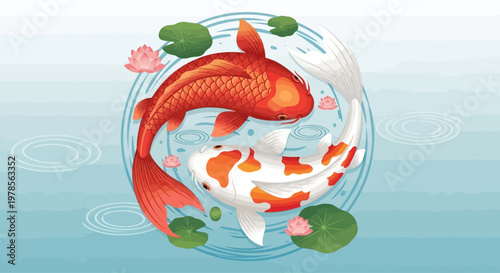 Vector illustration of two koi fish forming a circular composition. Inspired by Japanese symbolism, representing balance, harmony, luck, and prosperity. Flat design with soft gradients