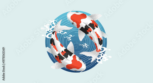 Vector illustration of two koi fish forming a circular composition. Inspired by Japanese symbolism, representing balance, harmony, luck, and prosperity. Flat design with soft gradients