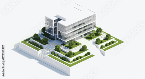 Contemporary low-rise corporate office building with tiered green terraces and stairs set in a lush landscaped park environment with glass wall design.