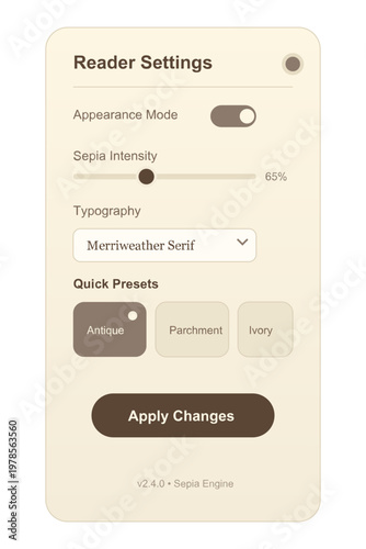 Isolated Vector Reader Settings UI Panel with Appearance Mode and Typography Controls