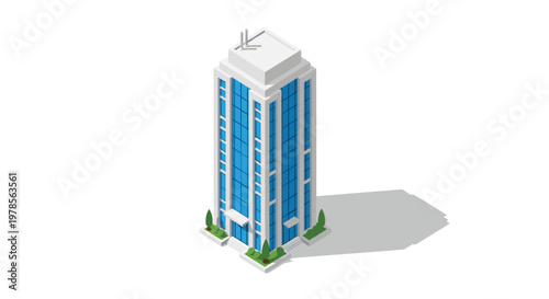 Sleek blue glass high-rise office building with a white structural frame and manicured green landscaping at the base in a bright professional setting.