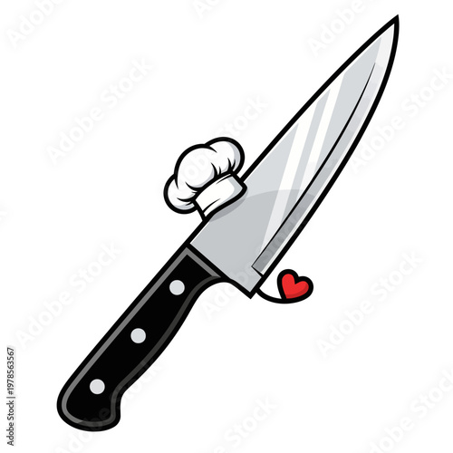 A hand gripping a knife with a heart symbol on its blade.