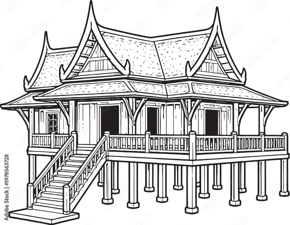 Naklejka premium Thai Traditional House Line Art, Southeast Asian Wooden Architecture Illustration, Minimal Black White Vector Building