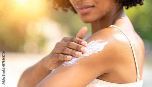 Close‑up scene of a person applying sunscreen lotion to the upper arm on a sunny day. The natural background with warm light emphasizes skincare, sun protection, and healthy outdoor living.