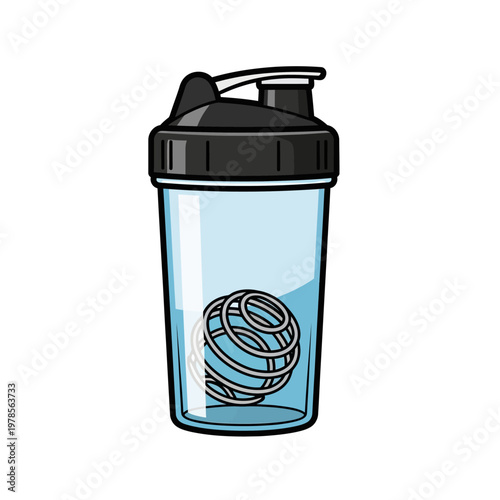 Clear shaker bottle with a black lid and a rubber band design inside