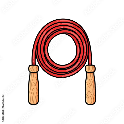 Colorful jumping rope with wooden handles coiled in a circle
