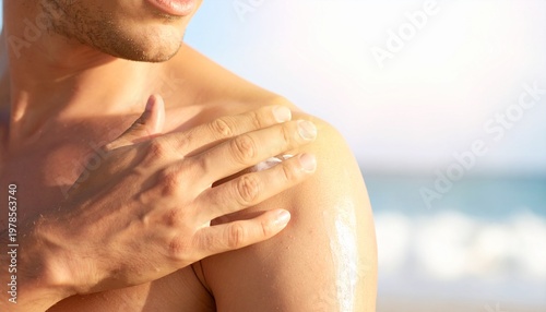 Close‑up scene of a person applying sunscreen lotion to the upper arm on a sunny day. The natural background with warm light emphasizes skincare, sun protection, and healthy outdoor living.