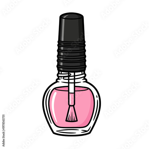 A bottle of pink nail polish with a brush applicator