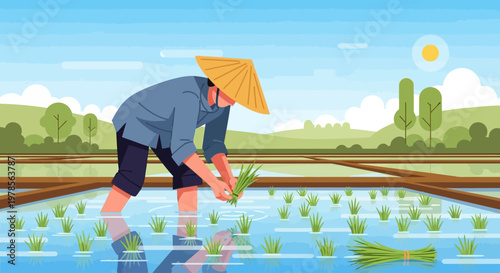 Farmer wearing a conical hat planting rice seedlings in a water-filled paddy field