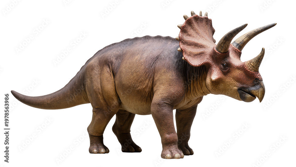 Naklejka premium Brown Triceratops dinosaur with three horns and frill, isolated on transparent background