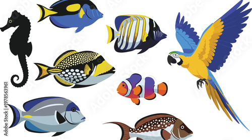 Colorful tropical fish and parrot set including clownfish tang angelfish seahorse and macaw exotic marine wildlife vector illustration collection