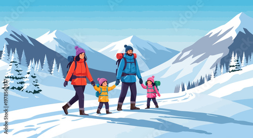 Family hiking in snowy mountains with backpacks and winter gear. 