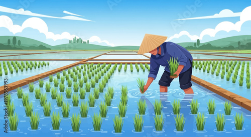 Farmer wearing a conical hat planting rice seedlings in a water-filled paddy field
