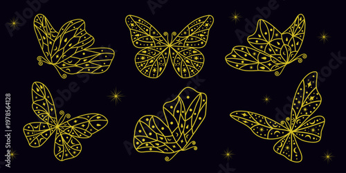 Celestial gold butterfly collection with mystical moon and star patterns. Elegant celestial insect vector set for bohemian designs, astrology, and spiritual branding on a dark background