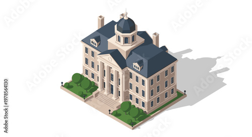 A grand neoclassical government building stands with a stately central dome and pristine stone facade under soft ambient light in a clean isometric view.