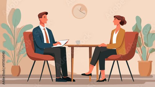 Coporate interview between executive and employee. 